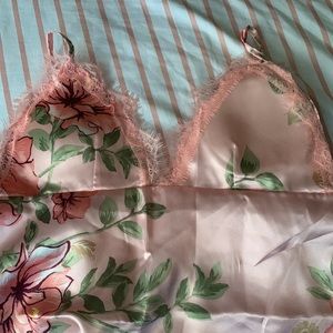 pink floral satin slip dress with matching thong